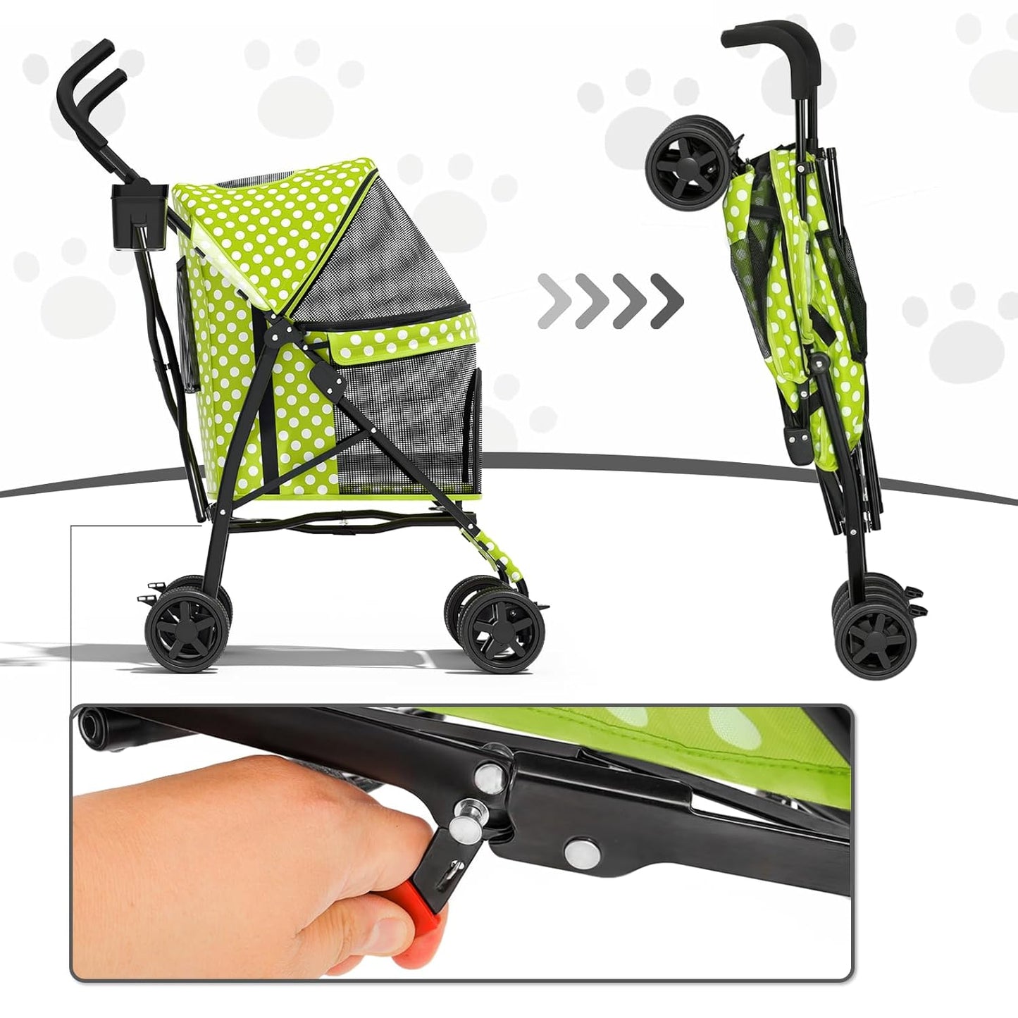 MoNiBloom 4 Wheels Pet Stroller, Easy-Fold Puppy Cage Jogger Stroller with Sun Cover, Pad and Rear Storage Bag, Breathable and Visible Mesh for Small/Medium Pets up to 22 lbs, Black