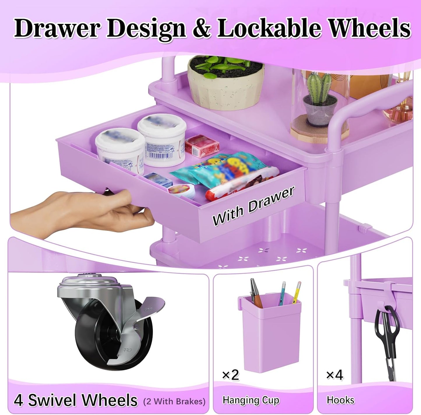 SUNALLY 3 Tier Rolling Cart with Drawer, Bathroom Storage Organizer with 2 Lockable Wheels, Multifunctional Rolling Storage Cart for Bathroom, Kitchen, Office, Craft, Makeup, Baby Essentials, White