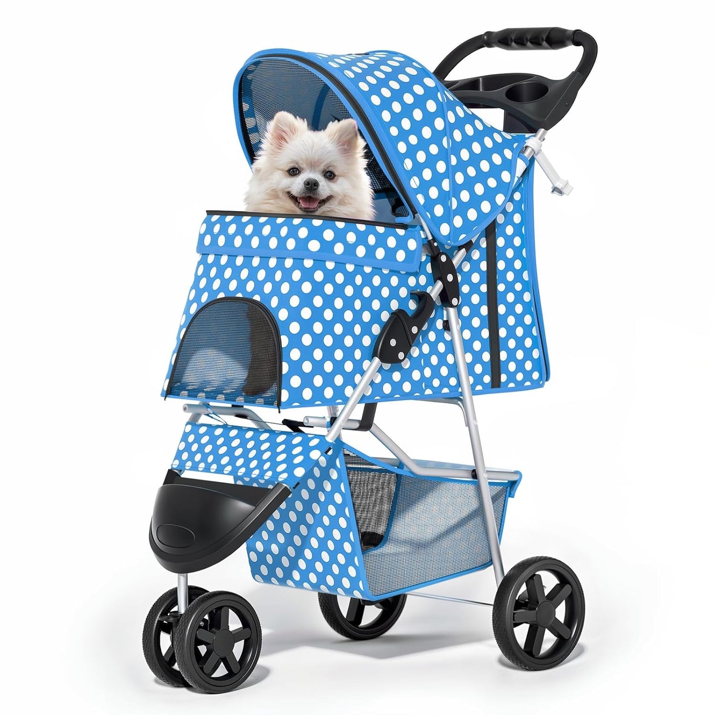 MoNiBloom Foldable Pet Stroller with Weather Cover, 3 Wheels Pet Strolling Cart for Small/Medium Dogs and Cats with Storage Basket and Cup Holder, Breathable and Visible Mesh for All-Season, Black