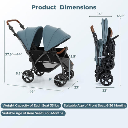 INFANS Double Stroller, Foldable Baby Tandem Stroller with Djustable Backrest Canopy Footrest, 5-Point Harness, Storage Basket, Convertible Compact Twin Stroller for Infants and Toddlers