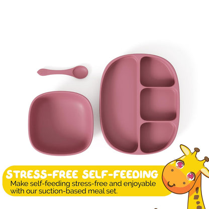 Baby Feeding Set by Muqee Peeko as a Baby Feeding Essentials in Baby Apricot Color with Baby Suction Plates for Toddlers, Baby Bowls with Suction and Baby Spoon (3 Piece Set)