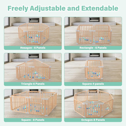 Foldable Wooden Playpen-51x51x25in-Large Baby Gate Playpen with Child-Proof Lock-Easy Assembly, Portable Design for Babies & Toddlers- Shape& Size Adjustable Baby Fence Play Area (Wood, 6 Panel)