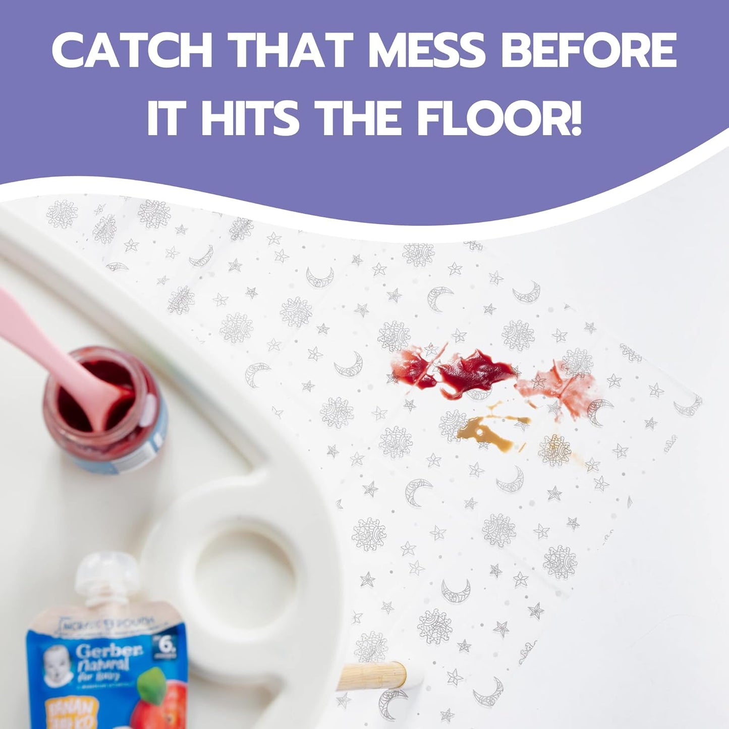 30 Pack Disposable Splat Mats by Eli with Love - Extra Large 49"x49" 100% Waterproof Baby Splat Mat for Under High Chair - Plastic Mat Liner for Floor - Protect from Spills (Moon & Stars, 30 Pack)