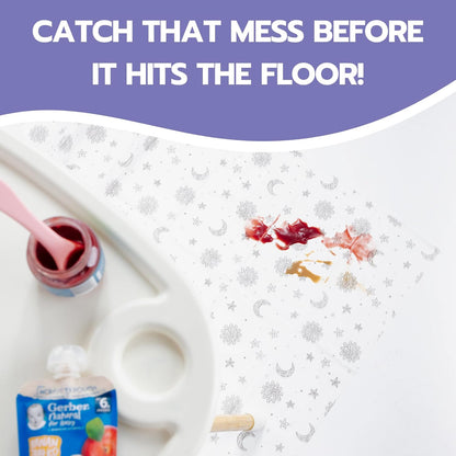 30 Pack Disposable Splat Mats by Eli with Love - Extra Large 49"x49" 100% Waterproof Baby Splat Mat for Under High Chair - Plastic Mat Liner for Floor - Protect from Spills (Moon & Stars, 30 Pack)