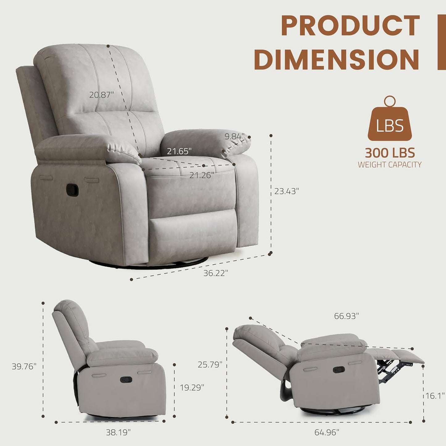 Leather Swivel Rocker Recliner Chair, Traditional Manual Chair, Upholstered Nursery Glider Rocking Recliner, Comfy Faux Leather Single Sofa with Pocket Spring for Living Room, Camel