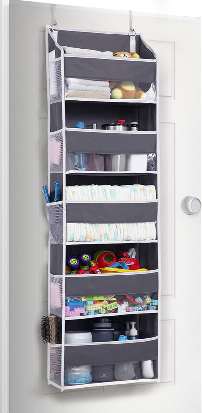 ULG 1 Pack Over Door Organizer with 5 Large and 10 Mesh Side Pockets, 44 lbs Weight Capacity Hanging Storage with Clear Window Kids Toys, Shoes, Diapers, Dark Grey, 5 Layers
