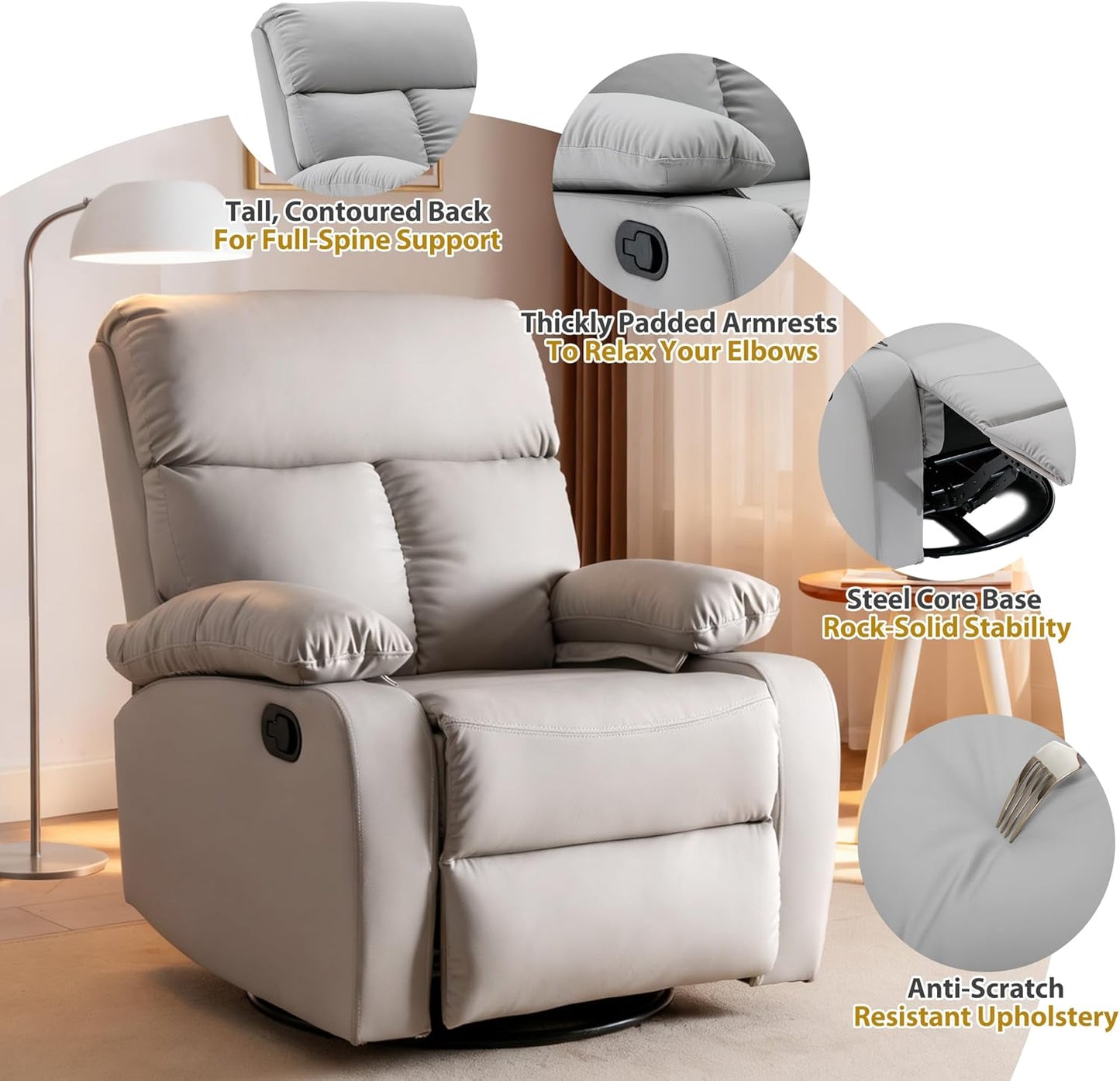 Rocking Chair Nursery Swivel Rocker Recliner Chair, High Back Adult Manual Recliner for Small Spaces, Glider Rocking Reclining Sofa for Living Room Bedroom, Beige