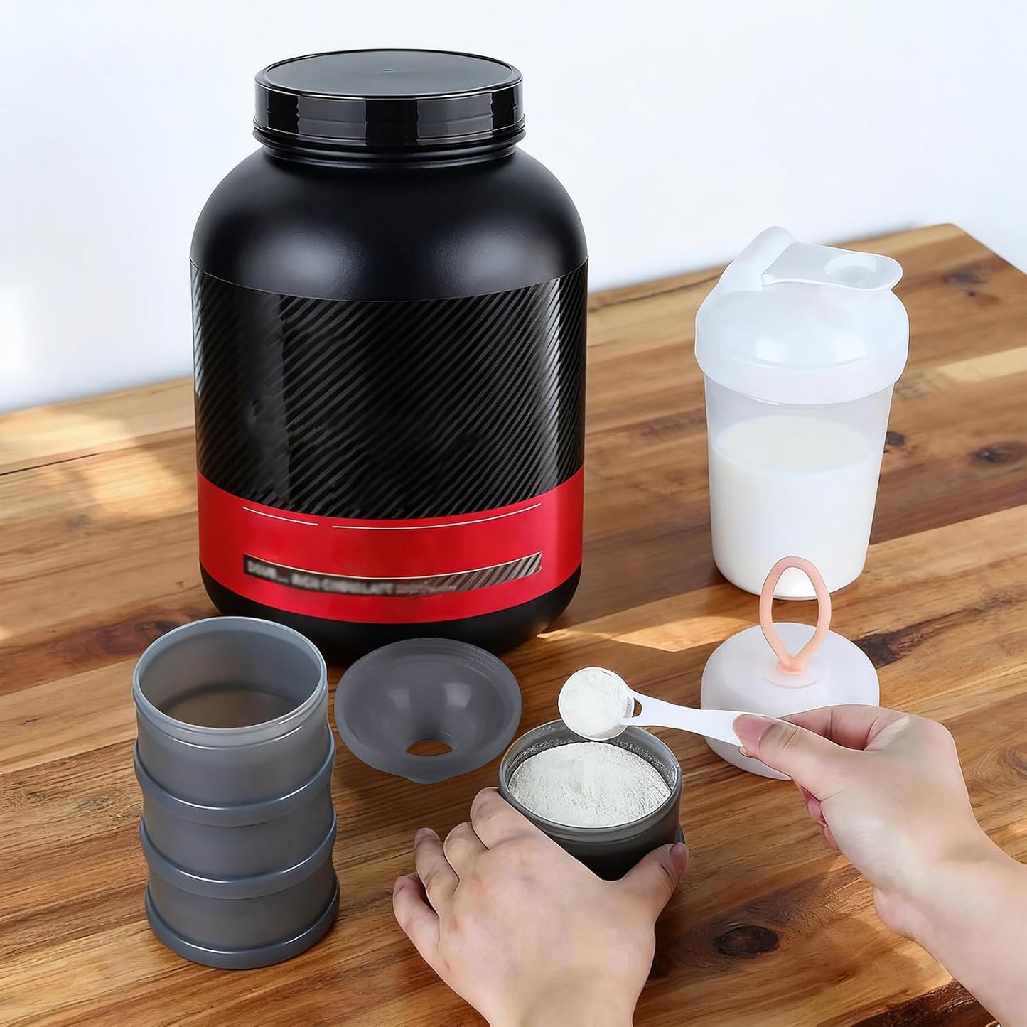 Protein Powder Container with Funnels Stand, 4 Stackable Protein Powder Dispenser for Travel, Fitness and Workout, 2 Pcs