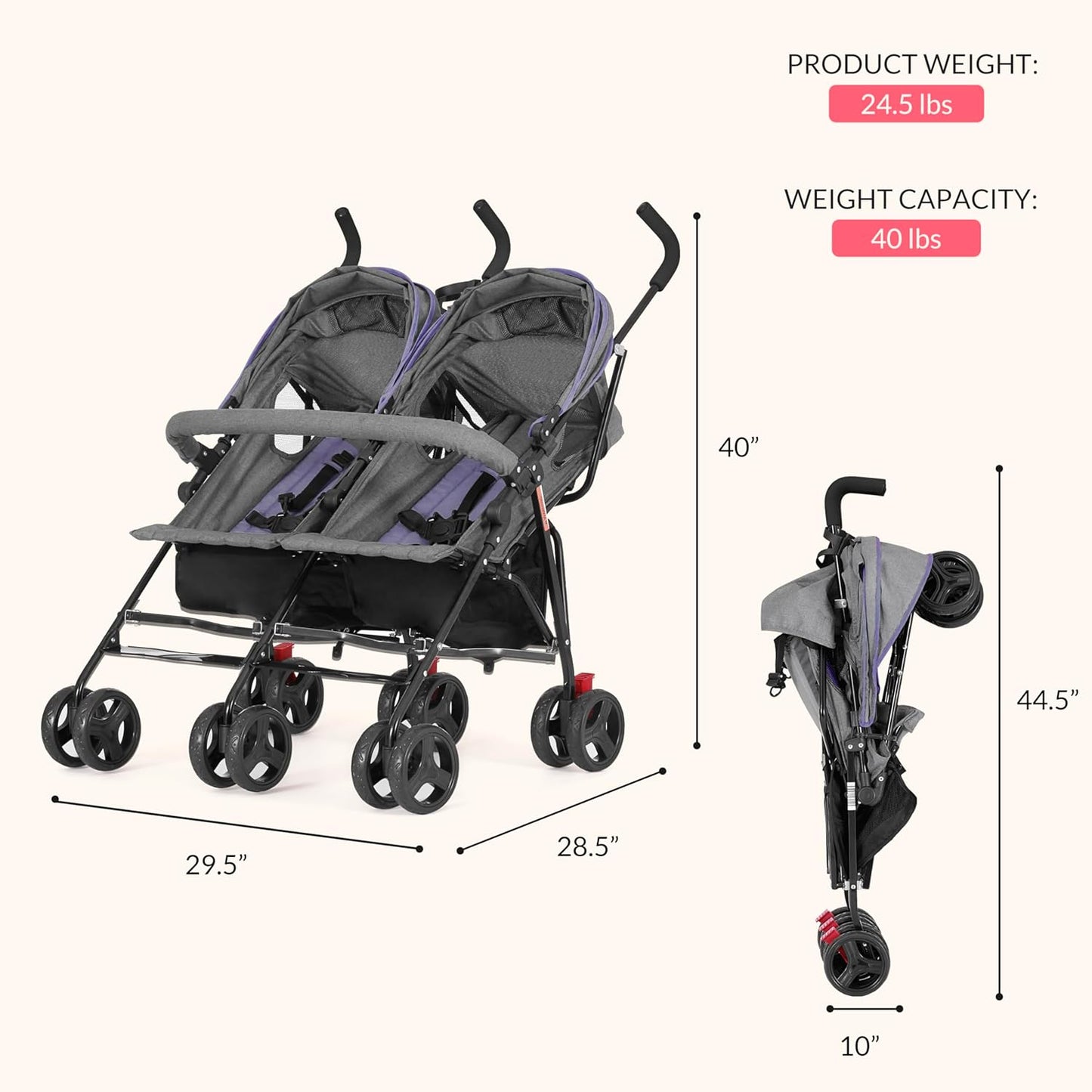 Dream On Me Volgo Twin Umbrella Stroller in Black, Lightweight Double Stroller for Infant & Toddler, Compact Easy Fold, Large Storage Basket, Large and Adjustable Canopy