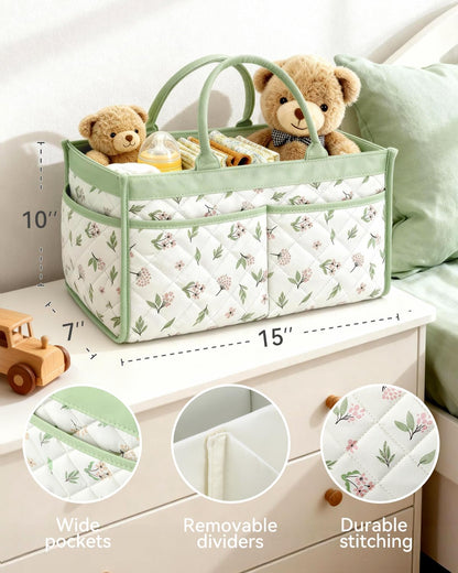 Tivellary Baby Diaper Caddy Organizer – Stylish Storage Basket for Newborn Essentials, Nursery & Diaper Station, Registry Must-Have, Sage Green Botanical