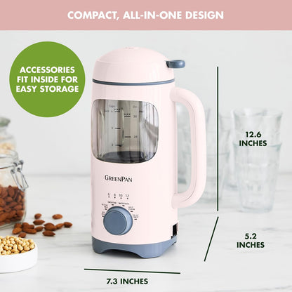 GreenPan 30oz Nut Milk Maker Machine, 15-in-1 for Homemade Almond, Oat, Soy, Coconut, Plant-Based Non-Dairy Beverages, Soups, BPA-Free Glass, Automatic Self-Clean, Delay Start, Pink