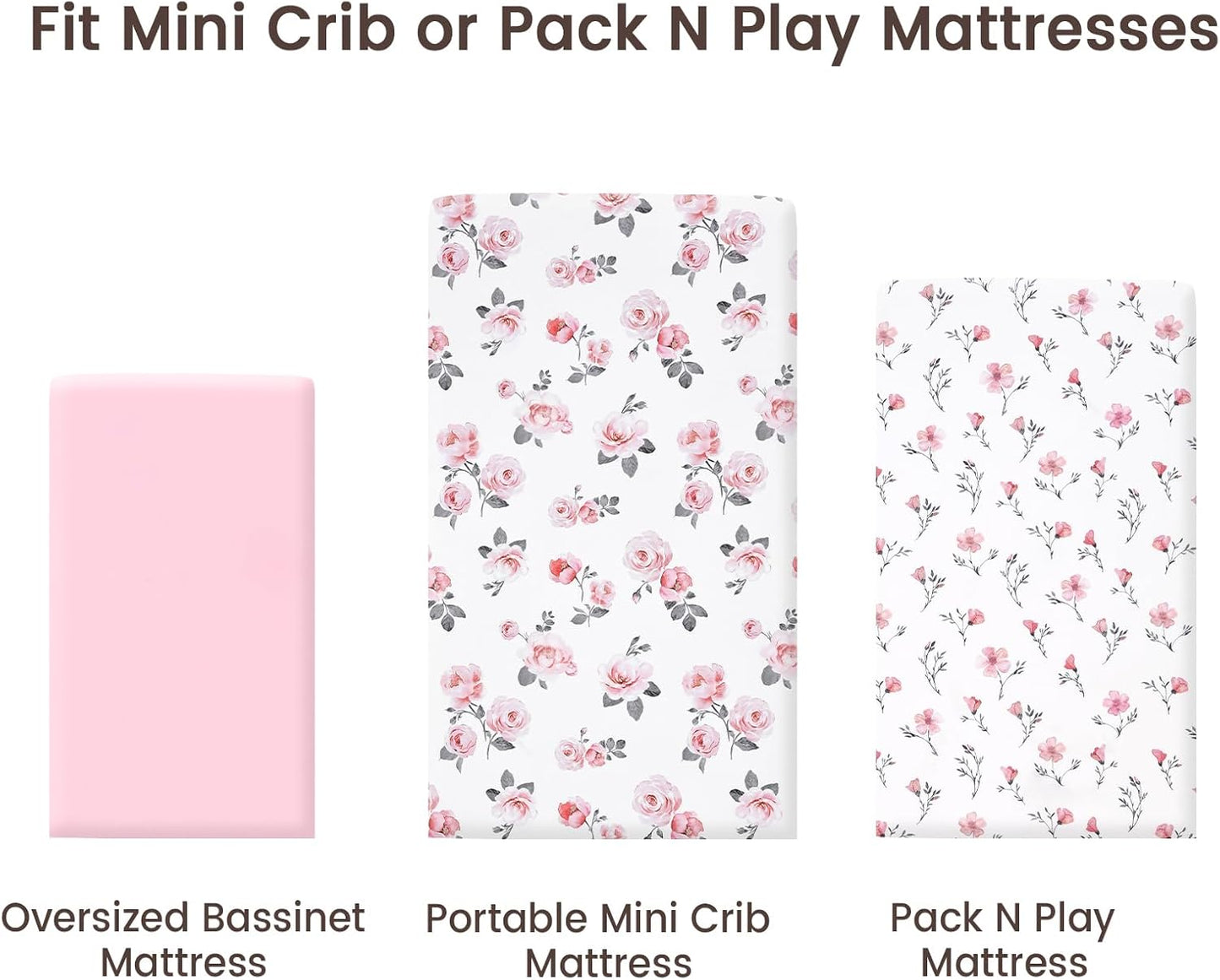 PHF 3 Pack Soft Mini Crib Sheets, Floral & Animal Pack N Play Sheets for Baby Boys Girls, No Slip Universal Fit for Pack N Play, Playard, Portable and Mini Crib Mattresses,Floral & Animal