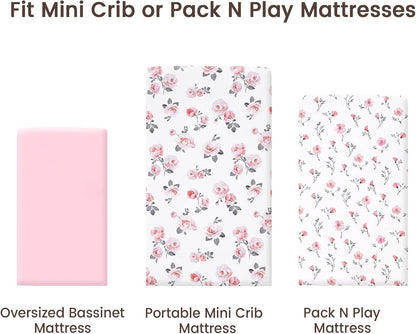 PHF 3 Pack Soft Mini Crib Sheets, Floral & Animal Pack N Play Sheets for Baby Boys Girls, No Slip Universal Fit for Pack N Play, Playard, Portable and Mini Crib Mattresses,Floral & Animal