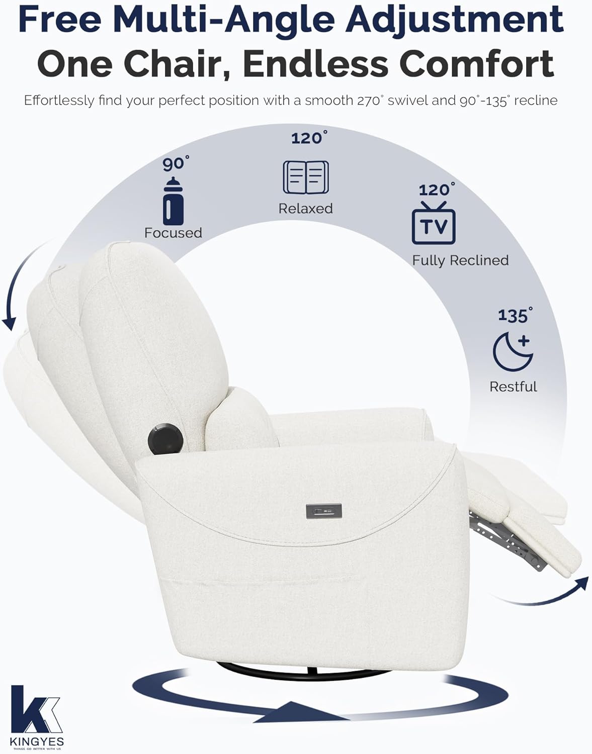 KINGYES Power Recliner Chair, 270° Swivel Glider, Living Room Recliner with USB-C Port, Nursery Rocking Chair, Gray