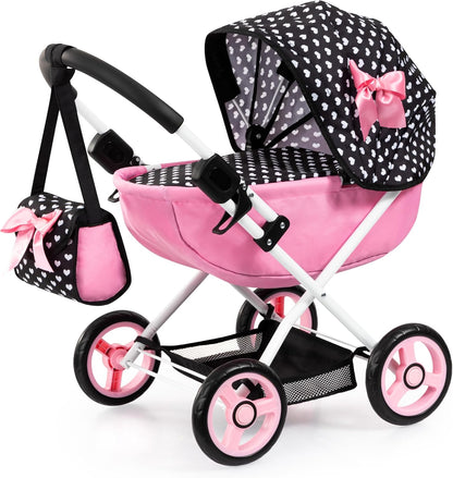 Cosy Doll Pram, Foldable Stroller for 18 in Dolls, Black Pink