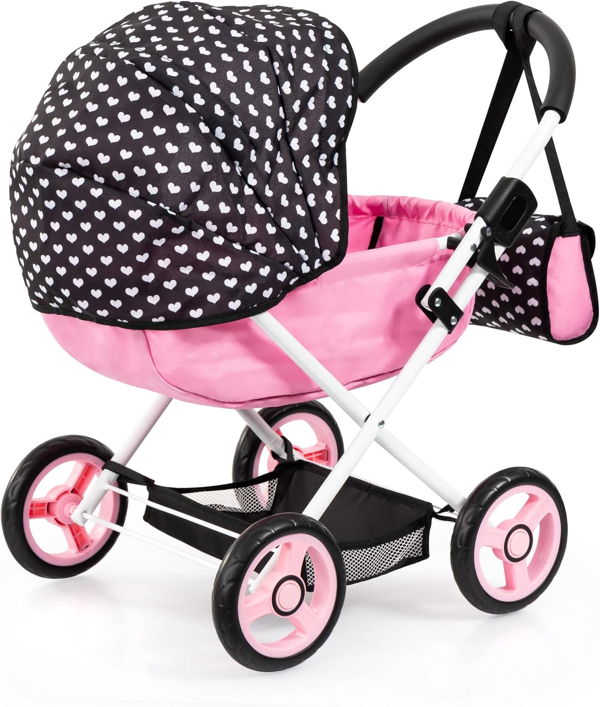 Cosy Doll Pram, Foldable Stroller for 18 in Dolls, Black Pink