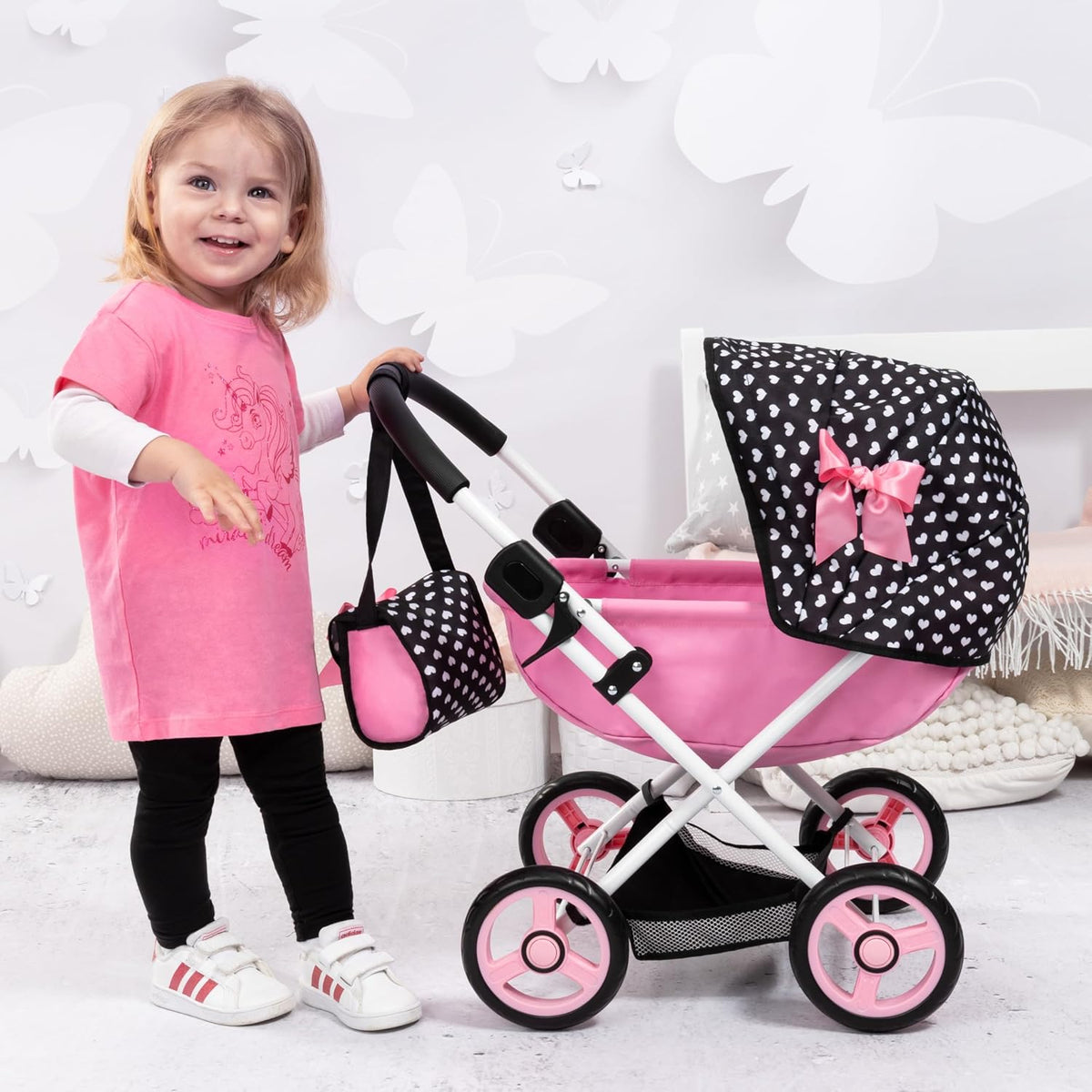 Cosy Doll Pram, Foldable Stroller for 18 in Dolls, Black Pink