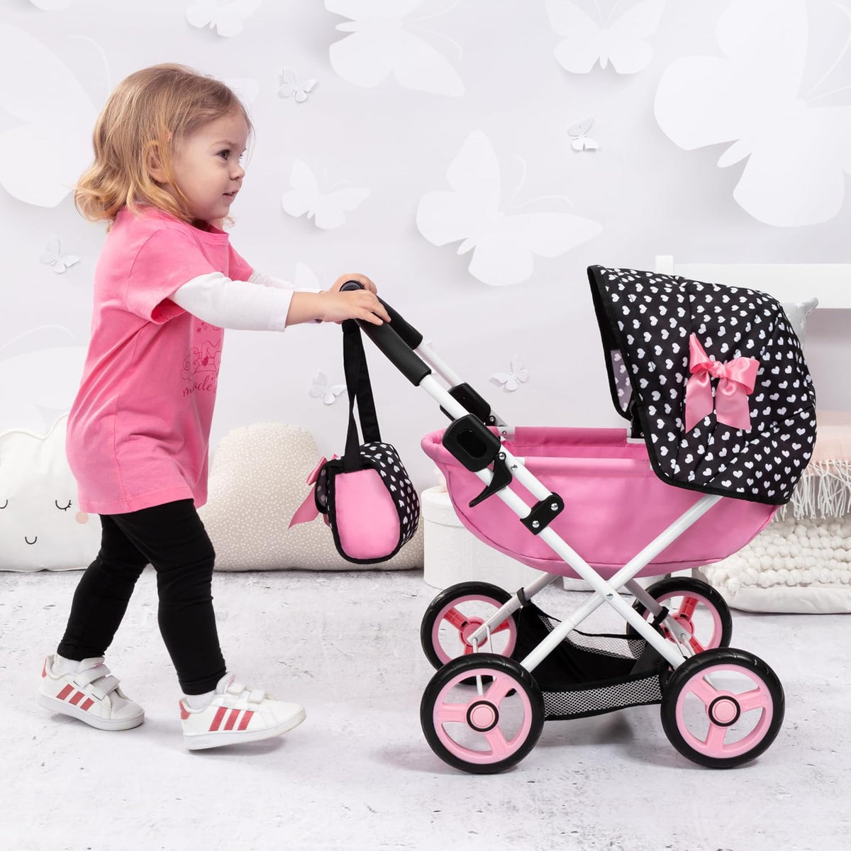 Cosy Doll Pram, Foldable Stroller for 18 in Dolls, Black Pink