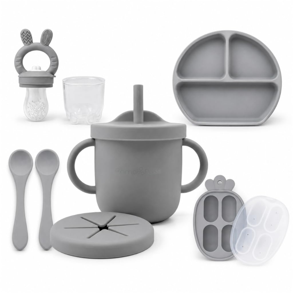 Silicone Baby Feeding Set Bundle – Suction Plate, Suction Bowl, Training & Snack Cup, Food Feeder, 2-Pack Spoons & Carrot Freezer Tray, BPA-Free, Senior Grey