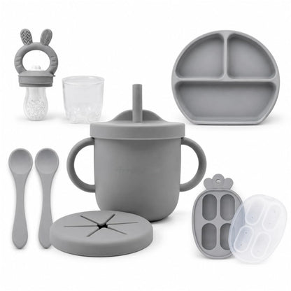 Silicone Baby Feeding Set Bundle – Suction Plate, Suction Bowl, Training & Snack Cup, Food Feeder, 2-Pack Spoons & Carrot Freezer Tray, BPA-Free, Senior Grey