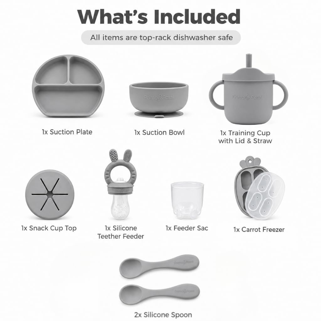Silicone Baby Feeding Set Bundle – Suction Plate, Suction Bowl, Training & Snack Cup, Food Feeder, 2-Pack Spoons & Carrot Freezer Tray, BPA-Free, Senior Grey