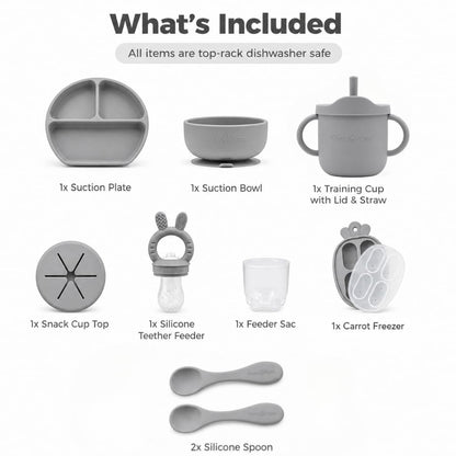 Silicone Baby Feeding Set Bundle – Suction Plate, Suction Bowl, Training & Snack Cup, Food Feeder, 2-Pack Spoons & Carrot Freezer Tray, BPA-Free, Senior Grey