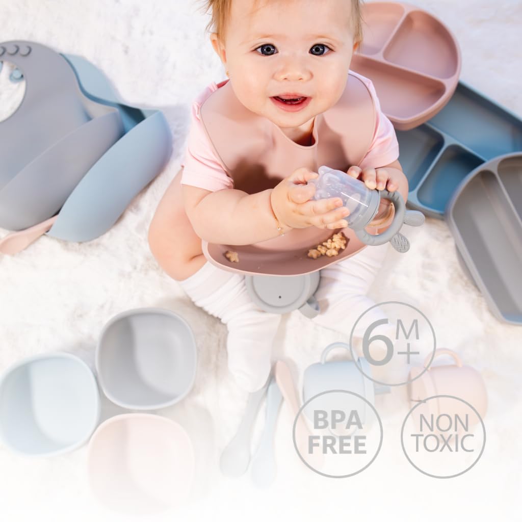 Silicone Baby Feeding Set Bundle – Suction Plate, Suction Bowl, Training & Snack Cup, Food Feeder, 2-Pack Spoons & Carrot Freezer Tray, BPA-Free, Senior Grey