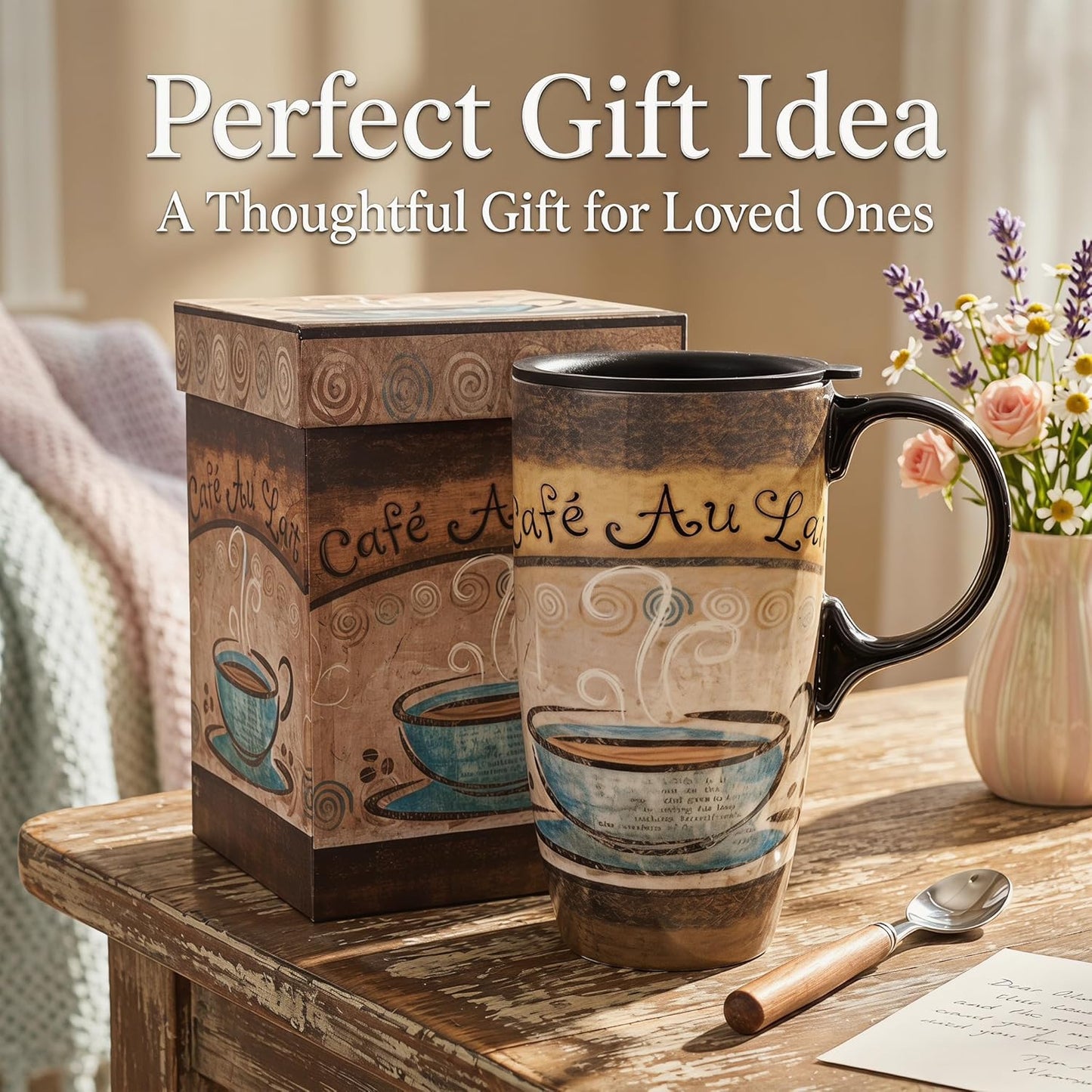 17 oz Ceramic Travel Mug, Colorful Floral Coffee Mug with Lid | 17 oz Ceramic Travel Mug • Microwave & Dishwasher Safe • Handle • Gift Box Included