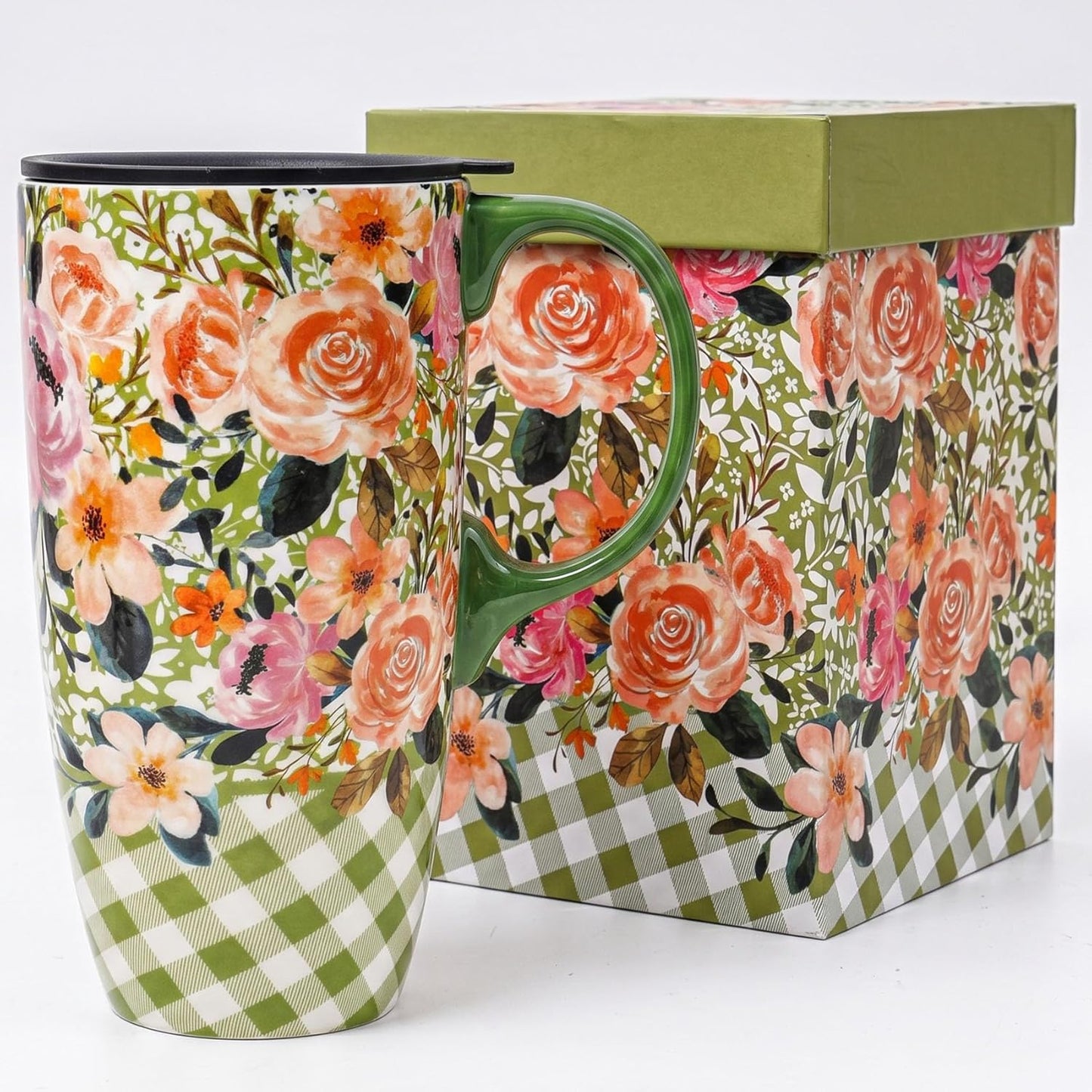 17 oz Ceramic Travel Mug, Colorful Floral Coffee Mug with Lid | 17 oz Ceramic Travel Mug • Microwave & Dishwasher Safe • Handle • Gift Box Included