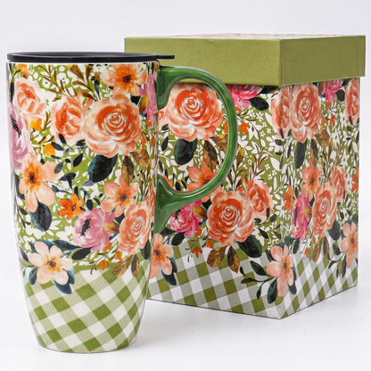 17 oz Ceramic Travel Mug, Colorful Floral Coffee Mug with Lid | 17 oz Ceramic Travel Mug • Microwave & Dishwasher Safe • Handle • Gift Box Included