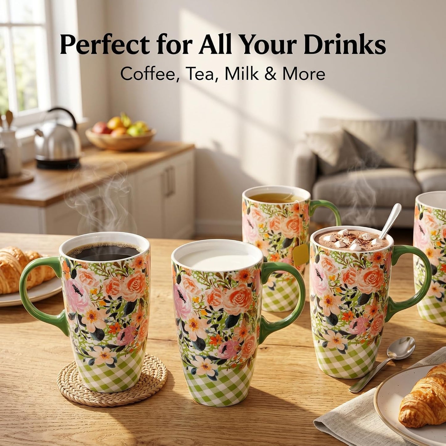 17 oz Ceramic Travel Mug, Colorful Floral Coffee Mug with Lid | 17 oz Ceramic Travel Mug • Microwave & Dishwasher Safe • Handle • Gift Box Included