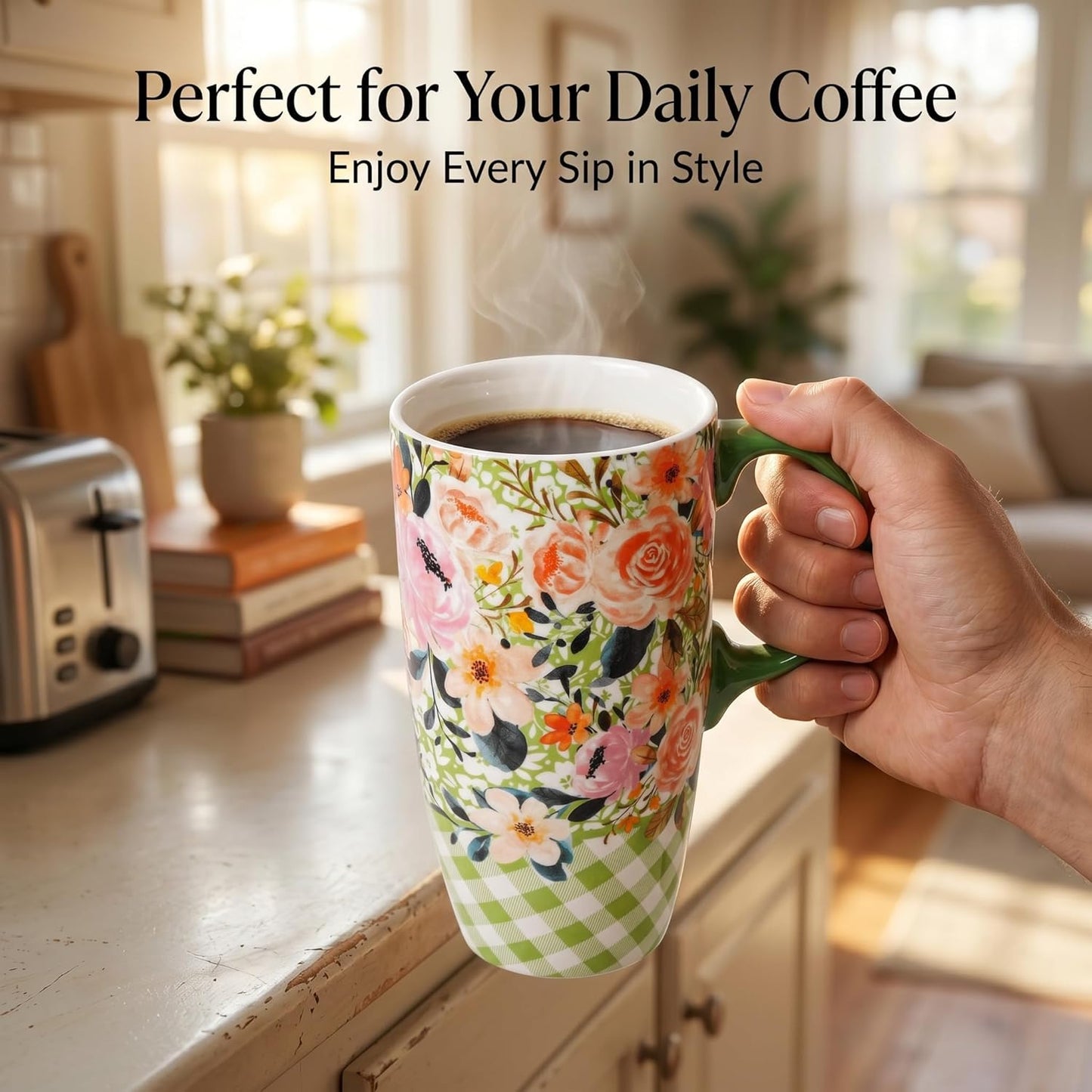 17 oz Ceramic Travel Mug, Colorful Floral Coffee Mug with Lid | 17 oz Ceramic Travel Mug • Microwave & Dishwasher Safe • Handle • Gift Box Included