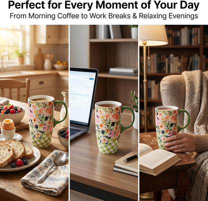 17 oz Ceramic Travel Mug, Colorful Floral Coffee Mug with Lid | 17 oz Ceramic Travel Mug • Microwave & Dishwasher Safe • Handle • Gift Box Included