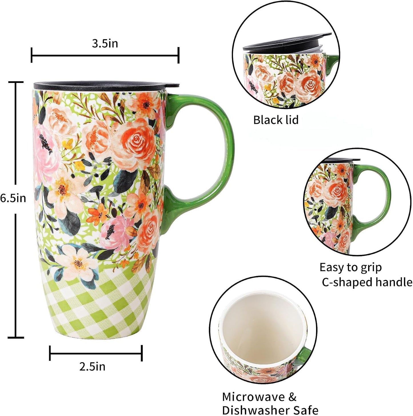 17 oz Ceramic Travel Mug, Colorful Floral Coffee Mug with Lid | 17 oz Ceramic Travel Mug • Microwave & Dishwasher Safe • Handle • Gift Box Included