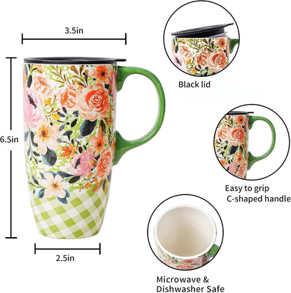 17 oz Ceramic Travel Mug, Colorful Floral Coffee Mug with Lid | 17 oz Ceramic Travel Mug • Microwave & Dishwasher Safe • Handle • Gift Box Included