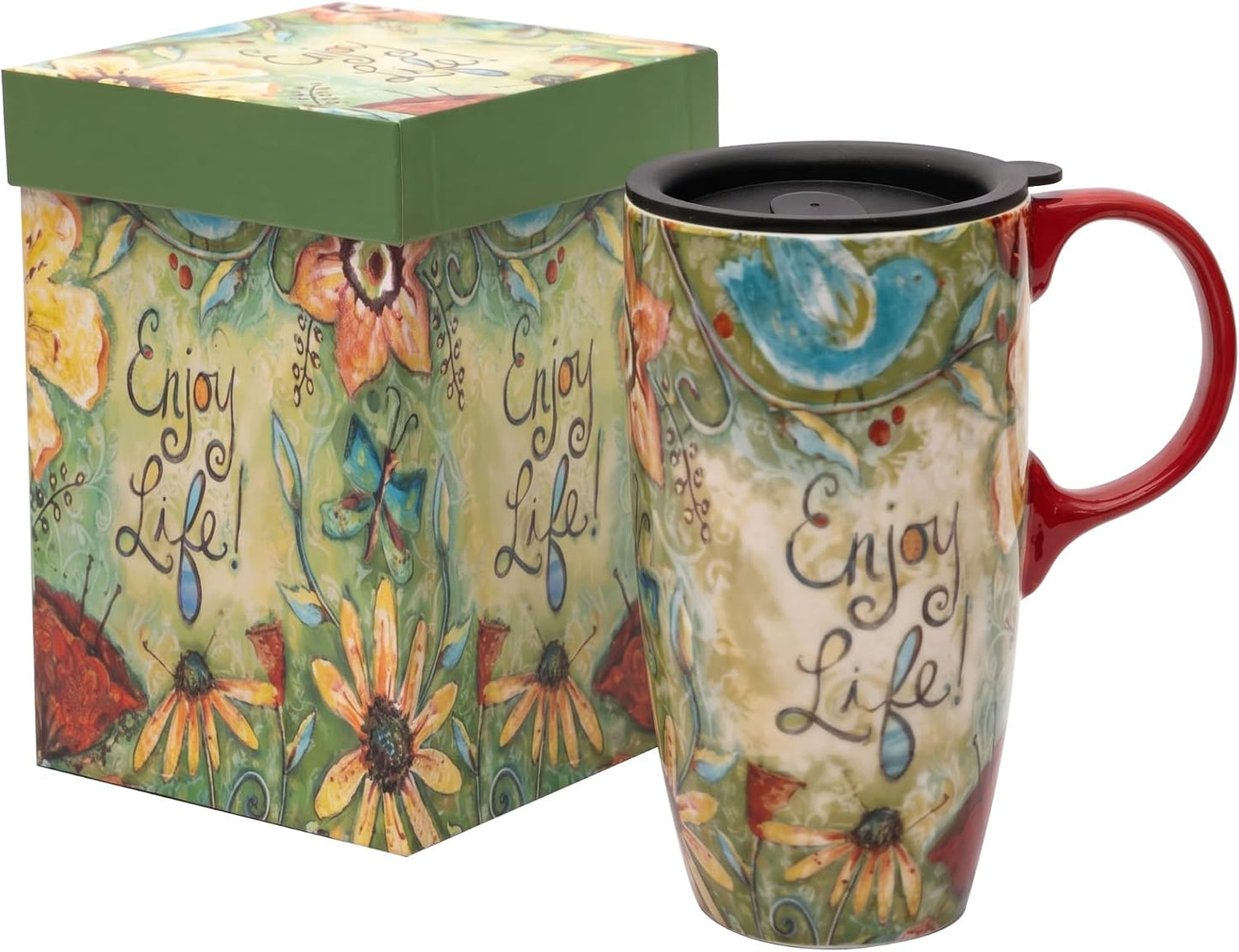17 oz Ceramic Travel Mug, Colorful Floral Coffee Mug with Lid | 17 oz Ceramic Travel Mug • Microwave & Dishwasher Safe • Handle • Gift Box Included
