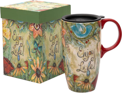 17 oz Ceramic Travel Mug, Colorful Floral Coffee Mug with Lid | 17 oz Ceramic Travel Mug • Microwave & Dishwasher Safe • Handle • Gift Box Included