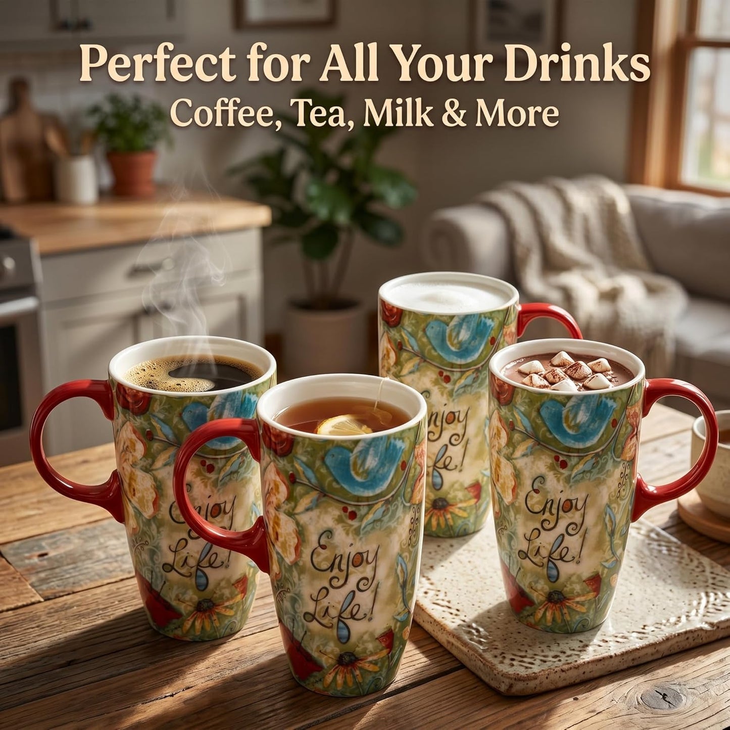 17 oz Ceramic Travel Mug, Colorful Floral Coffee Mug with Lid | 17 oz Ceramic Travel Mug • Microwave & Dishwasher Safe • Handle • Gift Box Included