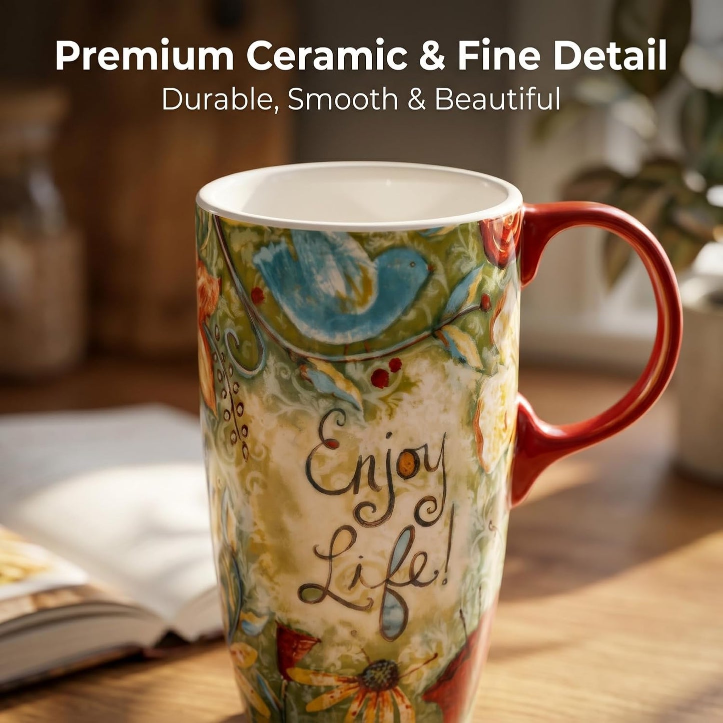 17 oz Ceramic Travel Mug, Colorful Floral Coffee Mug with Lid | 17 oz Ceramic Travel Mug • Microwave & Dishwasher Safe • Handle • Gift Box Included