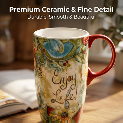 17 oz Ceramic Travel Mug, Colorful Floral Coffee Mug with Lid | 17 oz Ceramic Travel Mug • Microwave & Dishwasher Safe • Handle • Gift Box Included