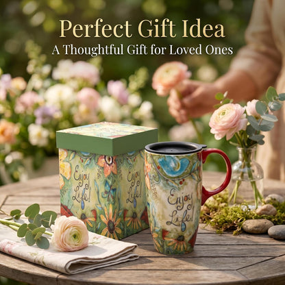 17 oz Ceramic Travel Mug, Colorful Floral Coffee Mug with Lid | 17 oz Ceramic Travel Mug • Microwave & Dishwasher Safe • Handle • Gift Box Included