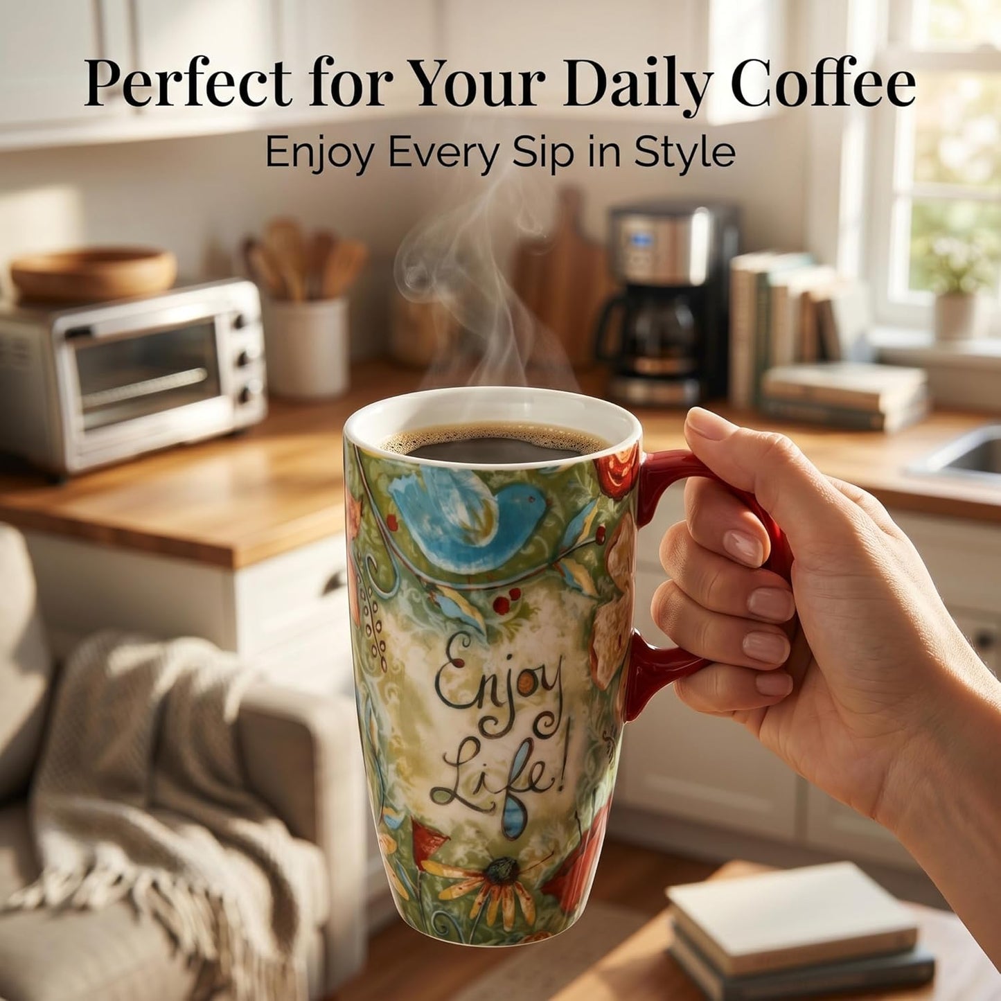 17 oz Ceramic Travel Mug, Colorful Floral Coffee Mug with Lid | 17 oz Ceramic Travel Mug • Microwave & Dishwasher Safe • Handle • Gift Box Included