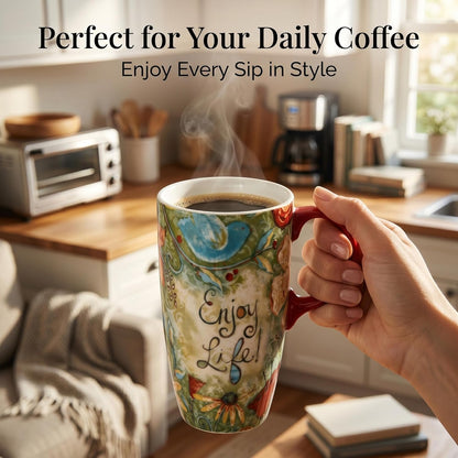 17 oz Ceramic Travel Mug, Colorful Floral Coffee Mug with Lid | 17 oz Ceramic Travel Mug • Microwave & Dishwasher Safe • Handle • Gift Box Included