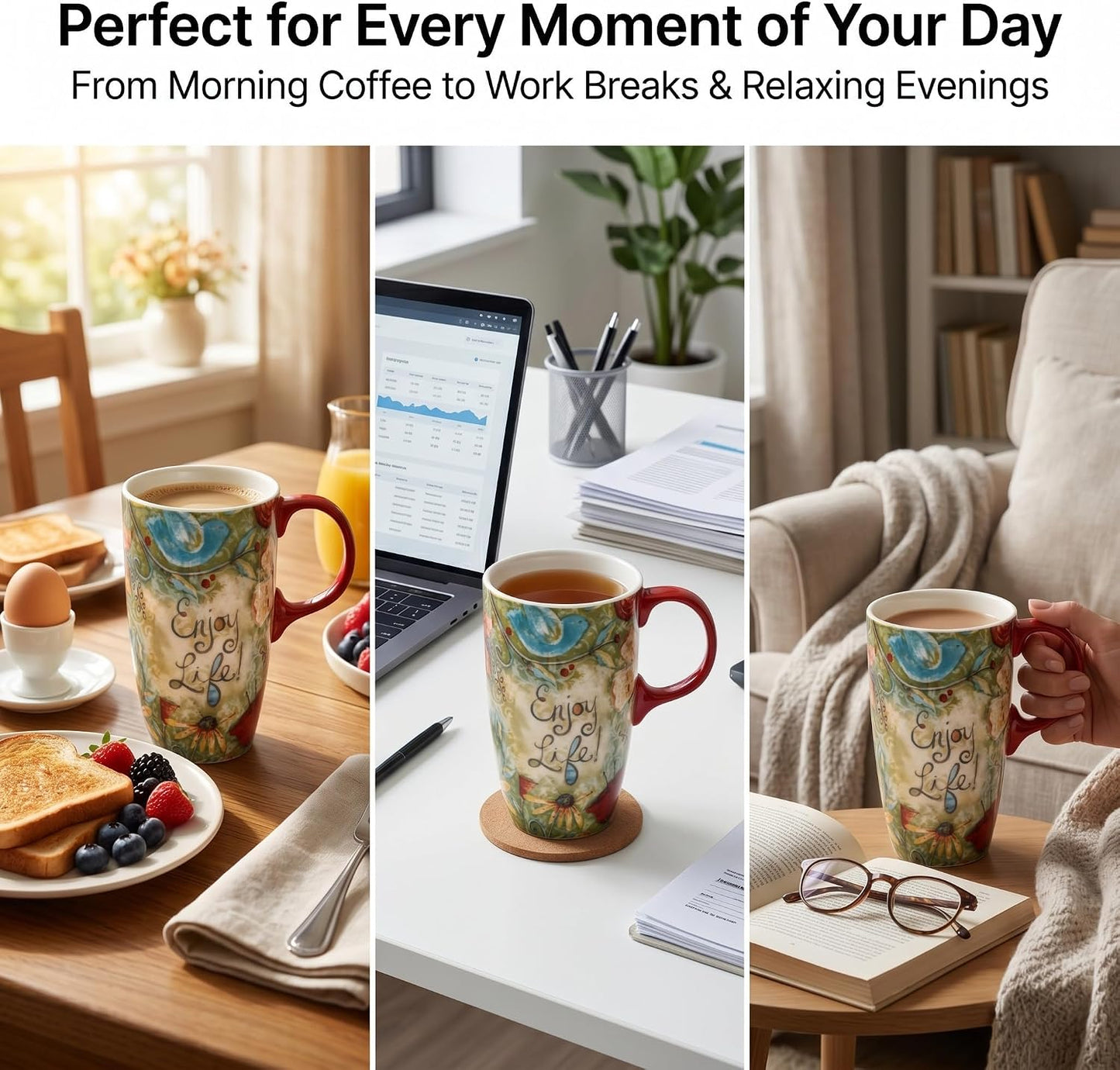 17 oz Ceramic Travel Mug, Colorful Floral Coffee Mug with Lid | 17 oz Ceramic Travel Mug • Microwave & Dishwasher Safe • Handle • Gift Box Included