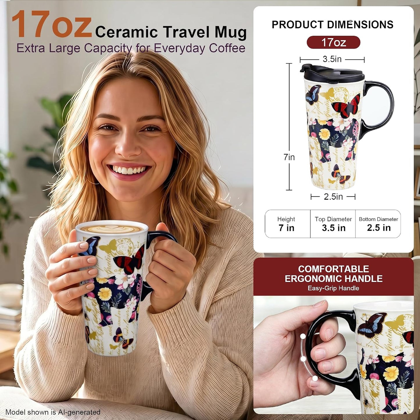 17 oz Ceramic Travel Mug, Colorful Floral Coffee Mug with Lid | 17 oz Ceramic Travel Mug • Microwave & Dishwasher Safe • Handle • Gift Box Included