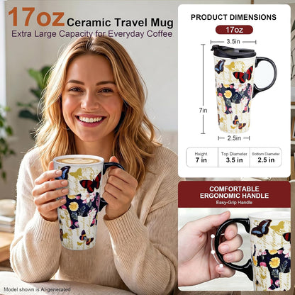 17 oz Ceramic Travel Mug, Colorful Floral Coffee Mug with Lid | 17 oz Ceramic Travel Mug • Microwave & Dishwasher Safe • Handle • Gift Box Included