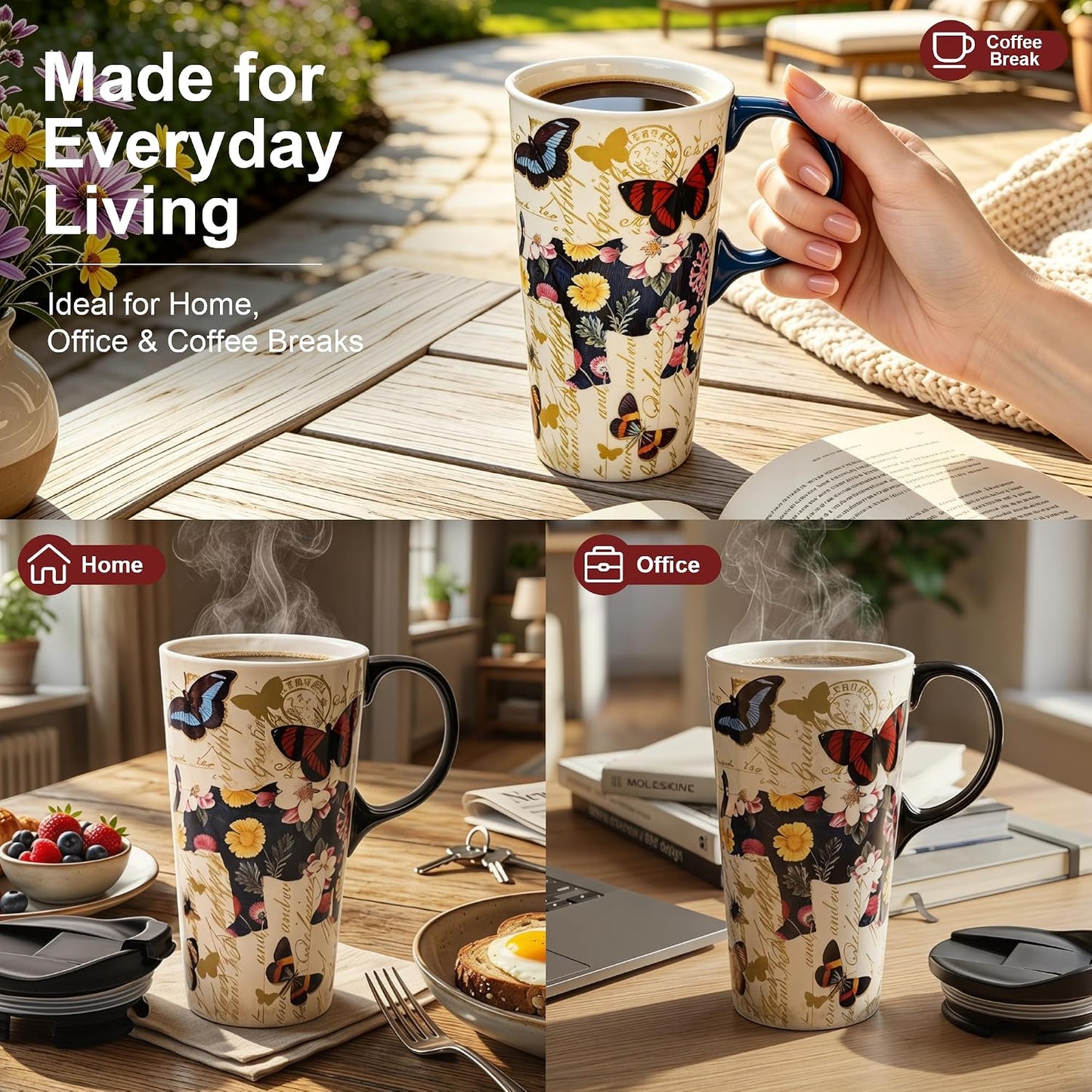 17 oz Ceramic Travel Mug, Colorful Floral Coffee Mug with Lid | 17 oz Ceramic Travel Mug • Microwave & Dishwasher Safe • Handle • Gift Box Included