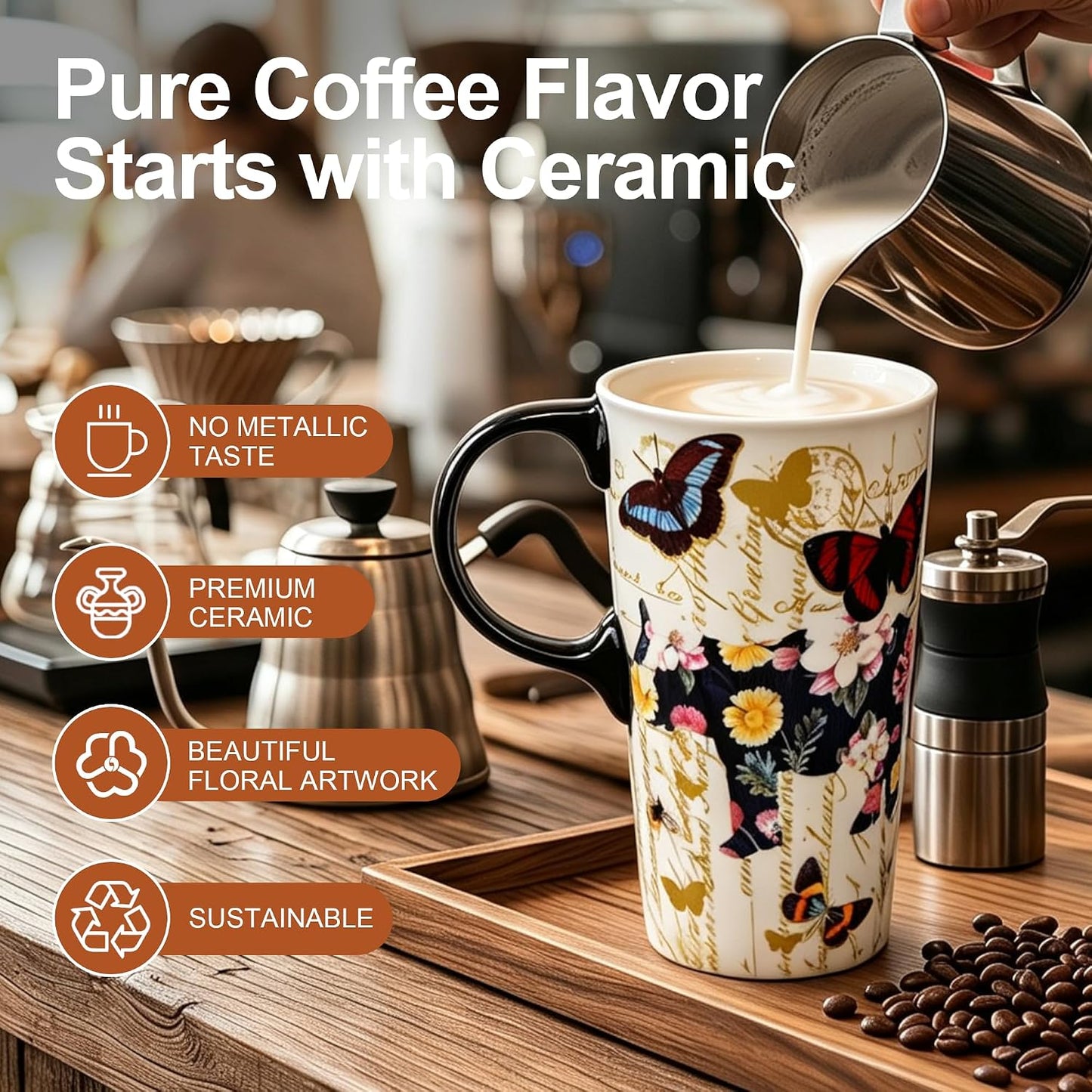 17 oz Ceramic Travel Mug, Colorful Floral Coffee Mug with Lid | 17 oz Ceramic Travel Mug • Microwave & Dishwasher Safe • Handle • Gift Box Included