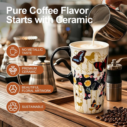 17 oz Ceramic Travel Mug, Colorful Floral Coffee Mug with Lid | 17 oz Ceramic Travel Mug • Microwave & Dishwasher Safe • Handle • Gift Box Included