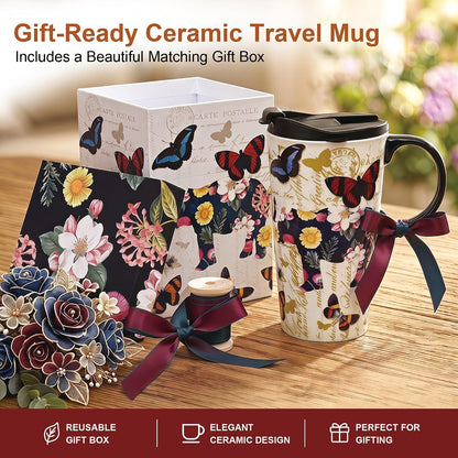 17 oz Ceramic Travel Mug, Colorful Floral Coffee Mug with Lid | 17 oz Ceramic Travel Mug • Microwave & Dishwasher Safe • Handle • Gift Box Included